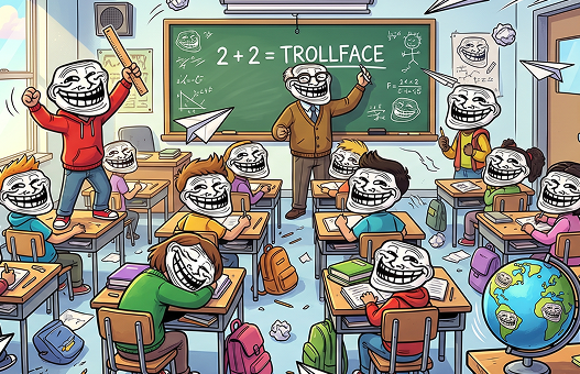 A classroom of grinning troll students with a teacher writing 2 + 2 = TROLLFACE on a chalkboard