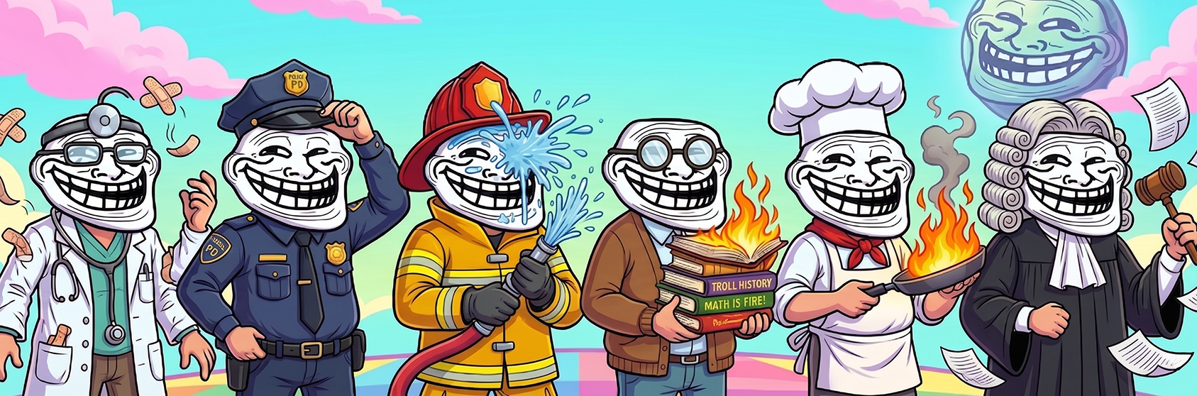 A line-up of grinning trolls — doctor, police, firefighter, teacher, chef, and judge — on the Planet of Trolls